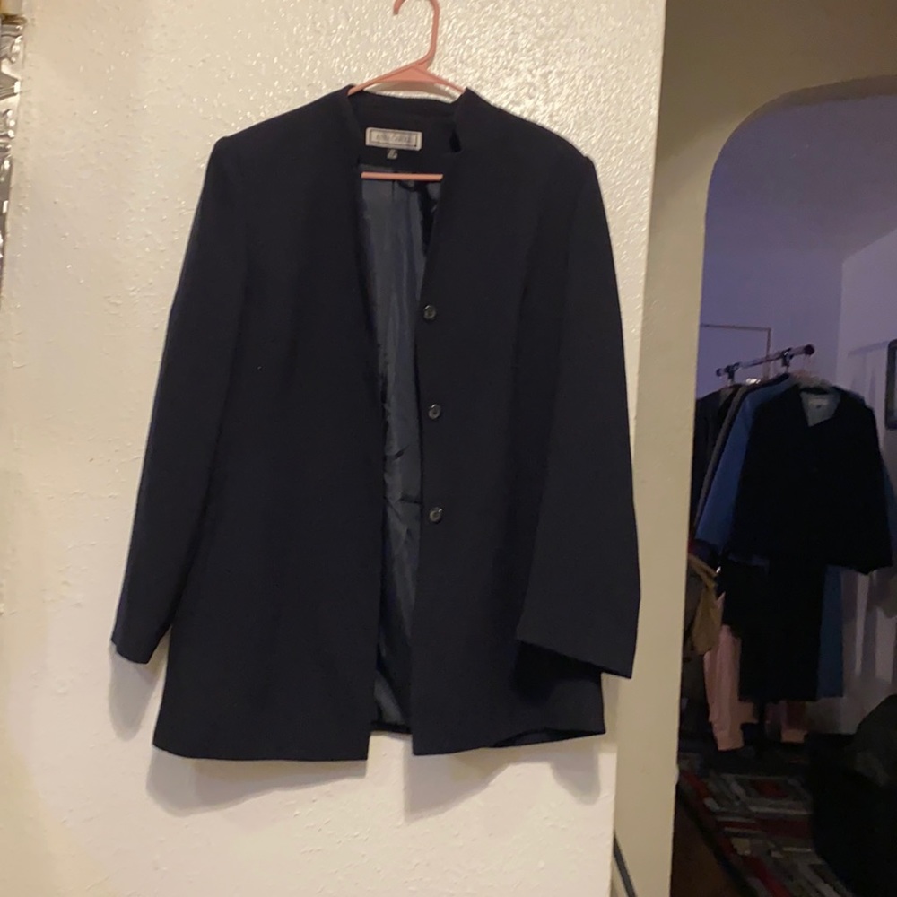 Navy blue pant suit.